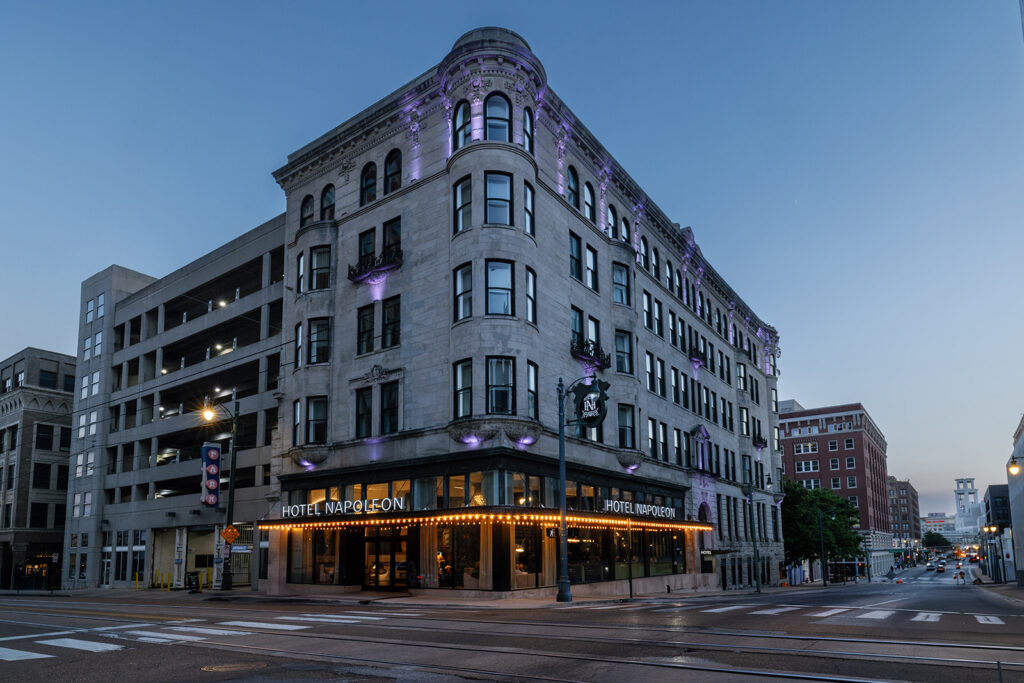 Exterior of hotel in the evening