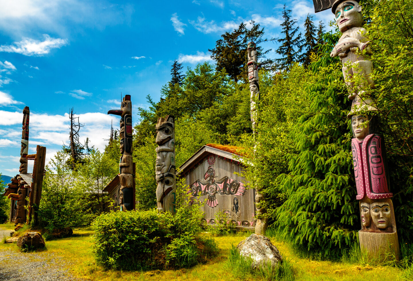 Native American Totems and Clan Houses located at Totem Bight State Historic Site