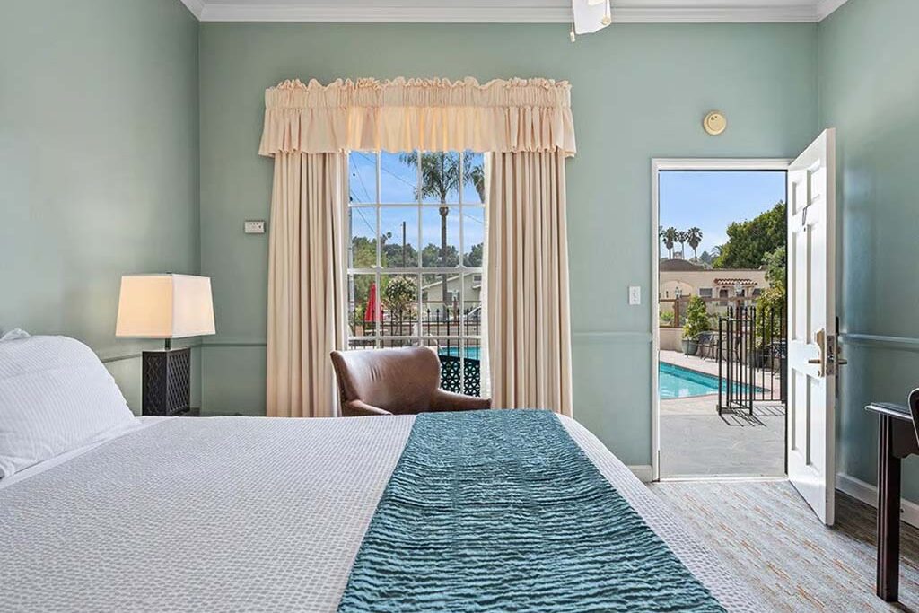 Hotel guest room with pool view