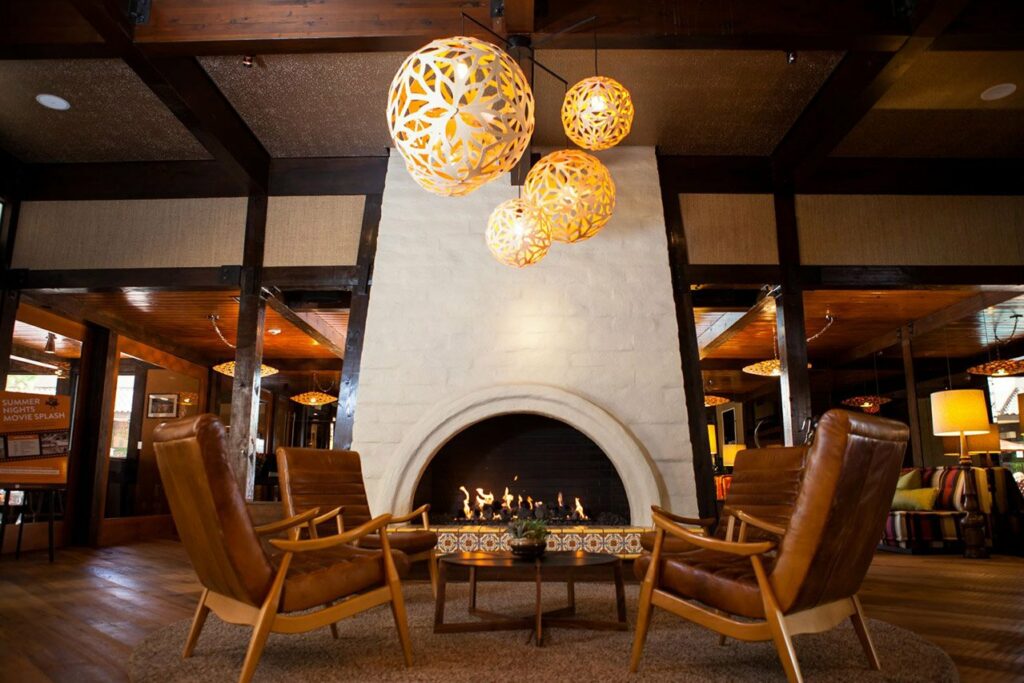 Hotel fireplace and lounge