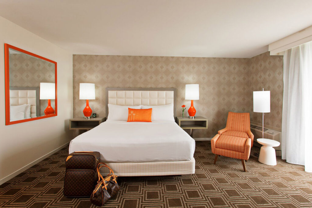 Hotel guest room with king bed