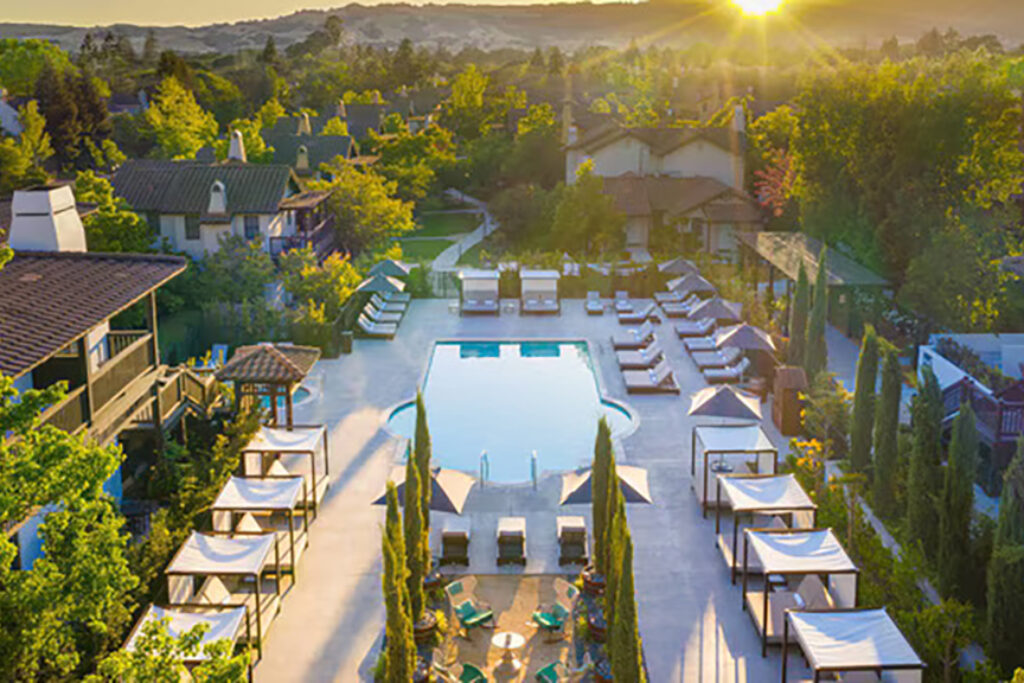 Aerial view of resort and pool