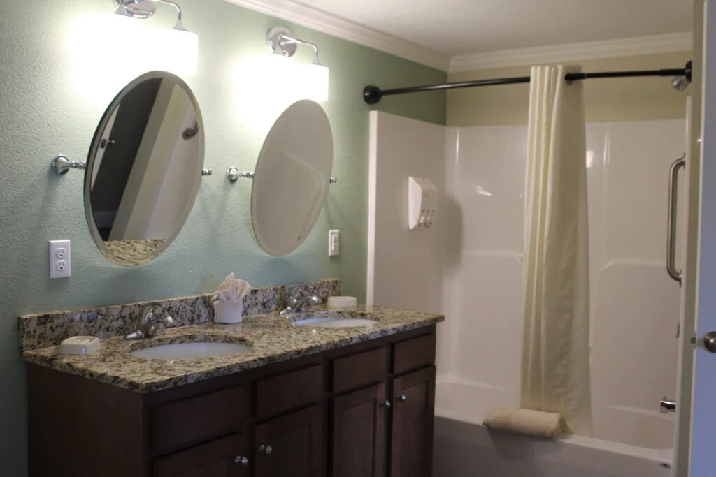 Hotel bathroom with two sinks