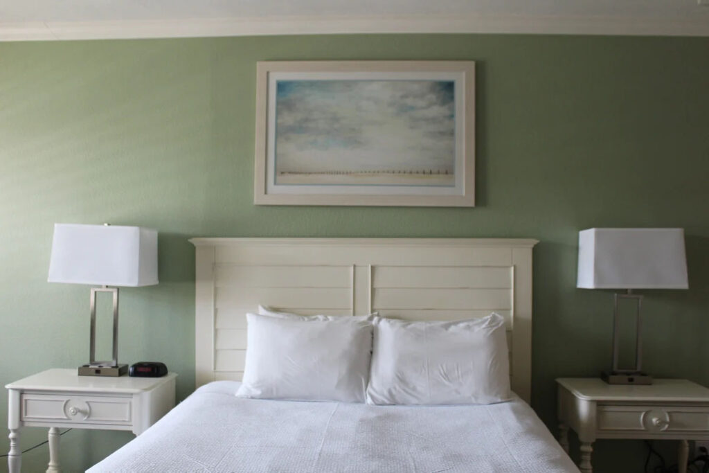 Hotel guest room with king bed