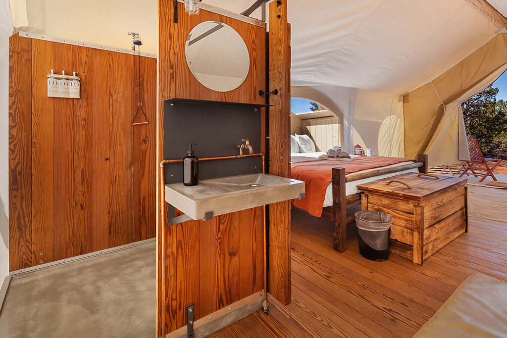 Sink and shower area inside tent