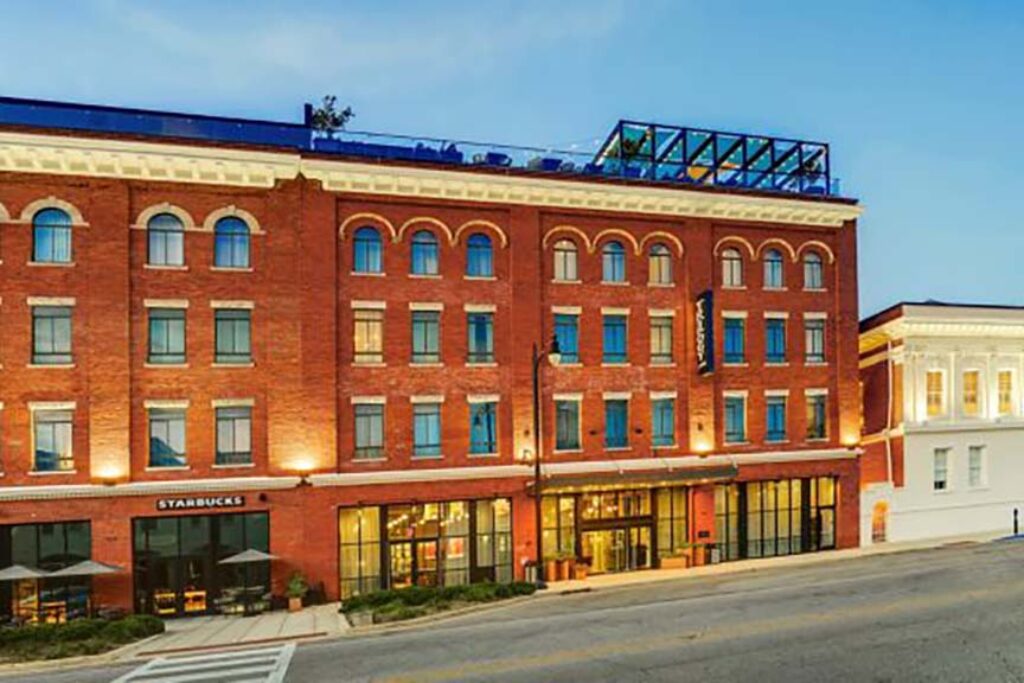 Hotel exterior at dusk