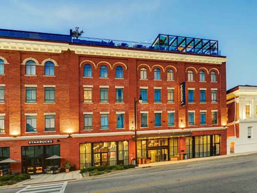 Hotel exterior at dusk
