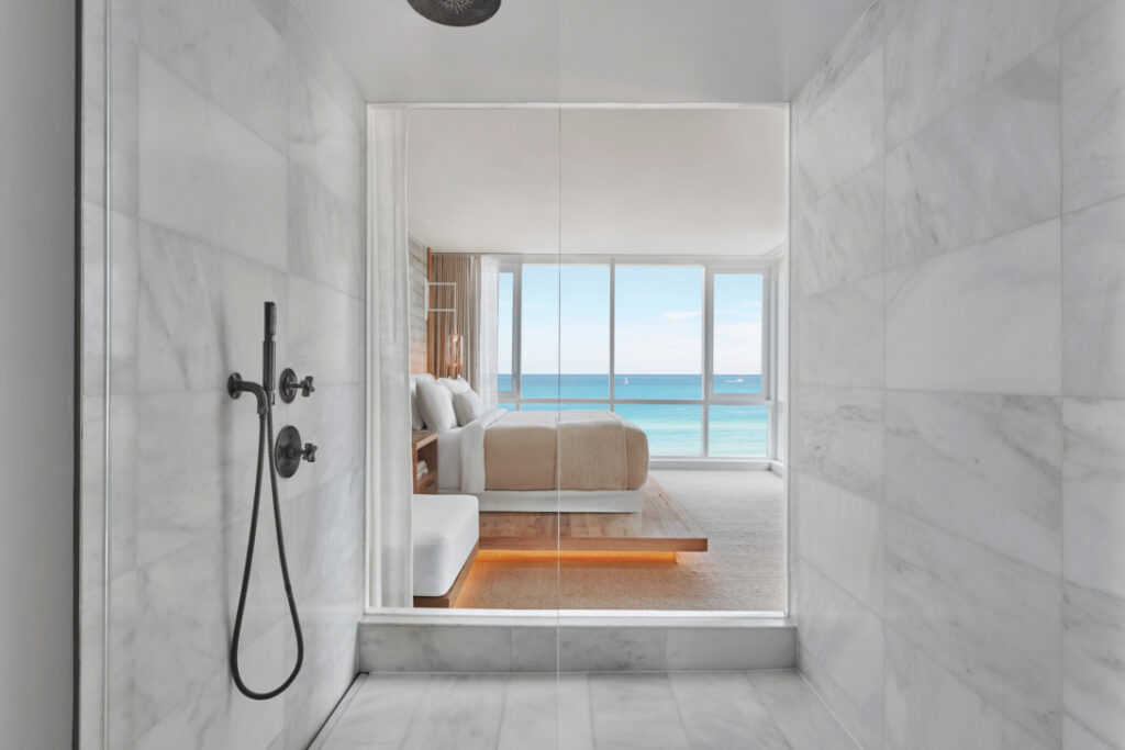 Ocean view guest room with bathroom