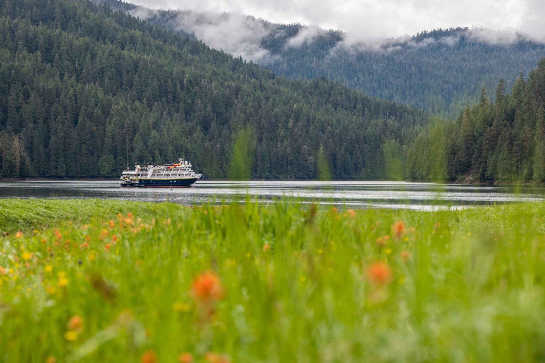 Small expedition ship exploring the wilderness of Alaska's southerly Inside Passage