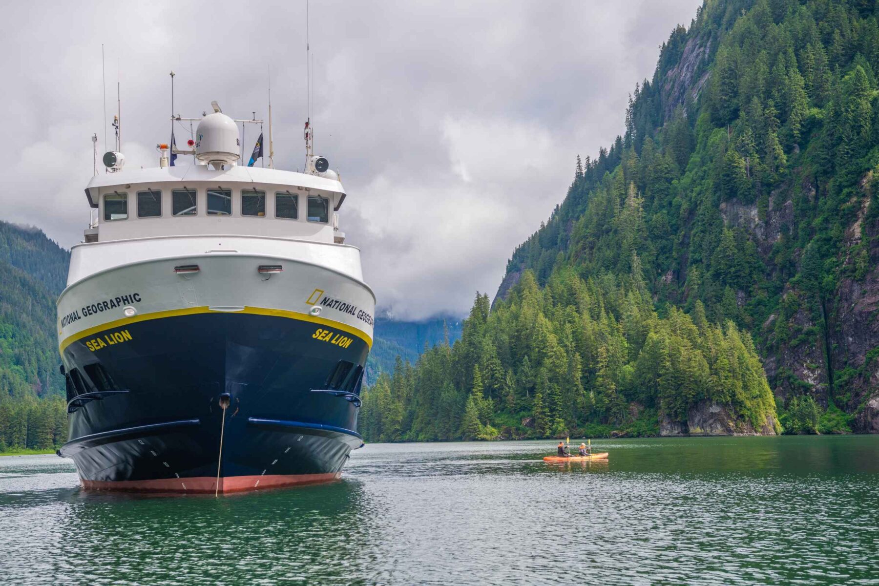 Expedition ship cruising through Alaska’s southerly Inside Passage