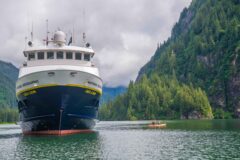 Expedition ship cruising through Alaska’s southerly Inside Passage