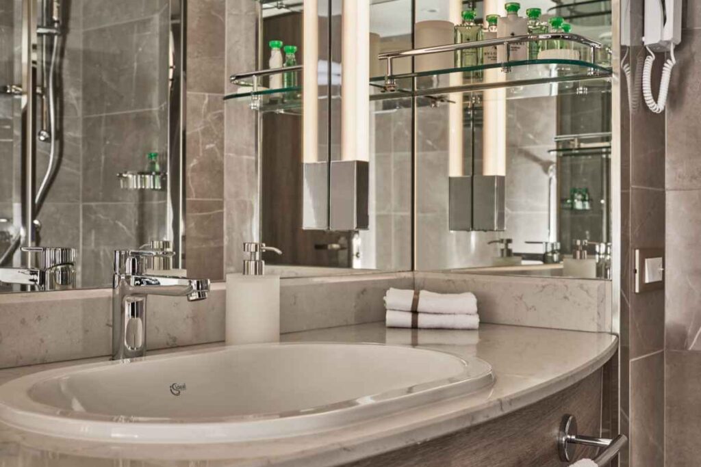 The Veranda Suite bathroom on the Silver Moon cruise ship in Alaska