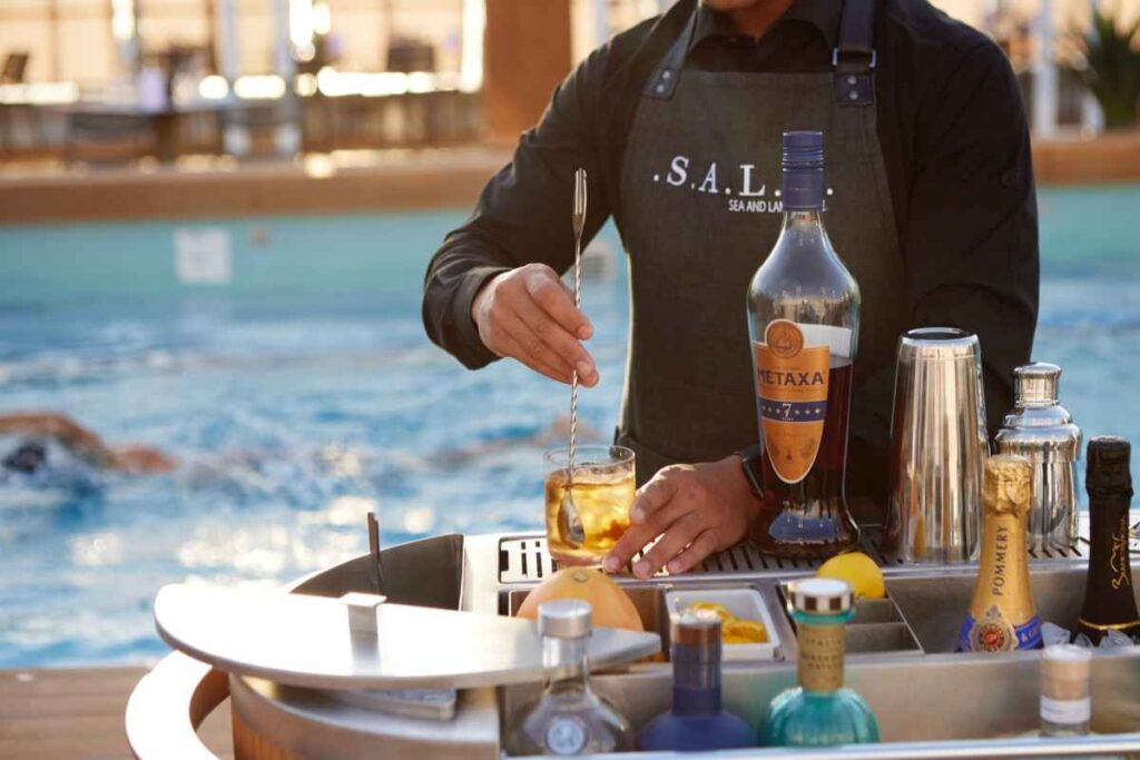Cocktails by the pool aboard the Silver Moon cruise ship in Alaska
