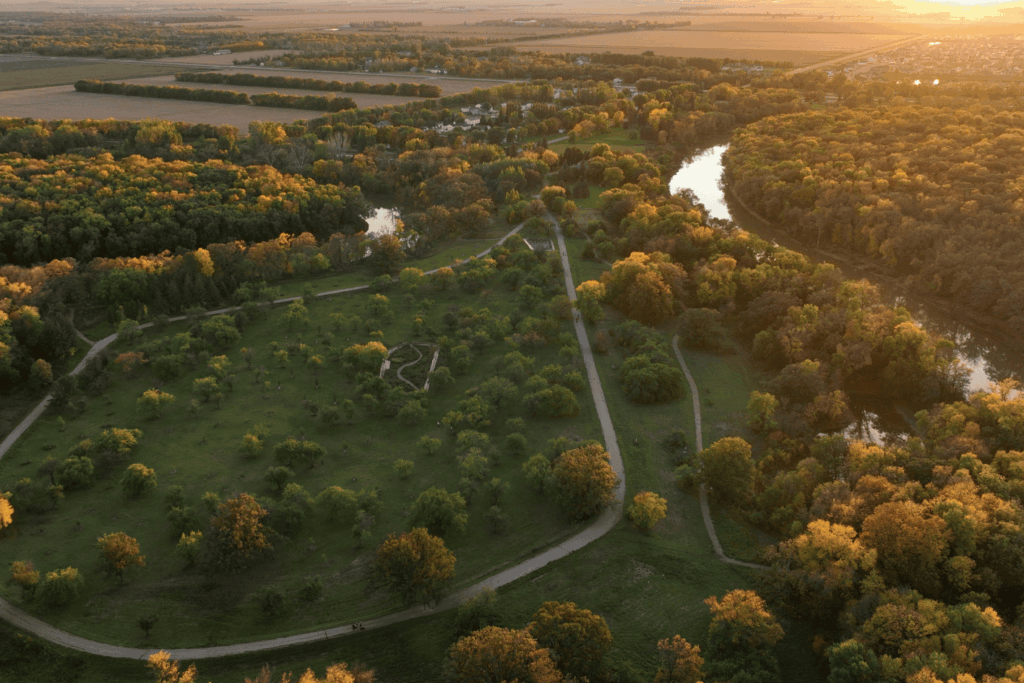 Fall season in Fargo, North Dakota. Beautiful Fall sunset picture taken over Orchard Glen Park.