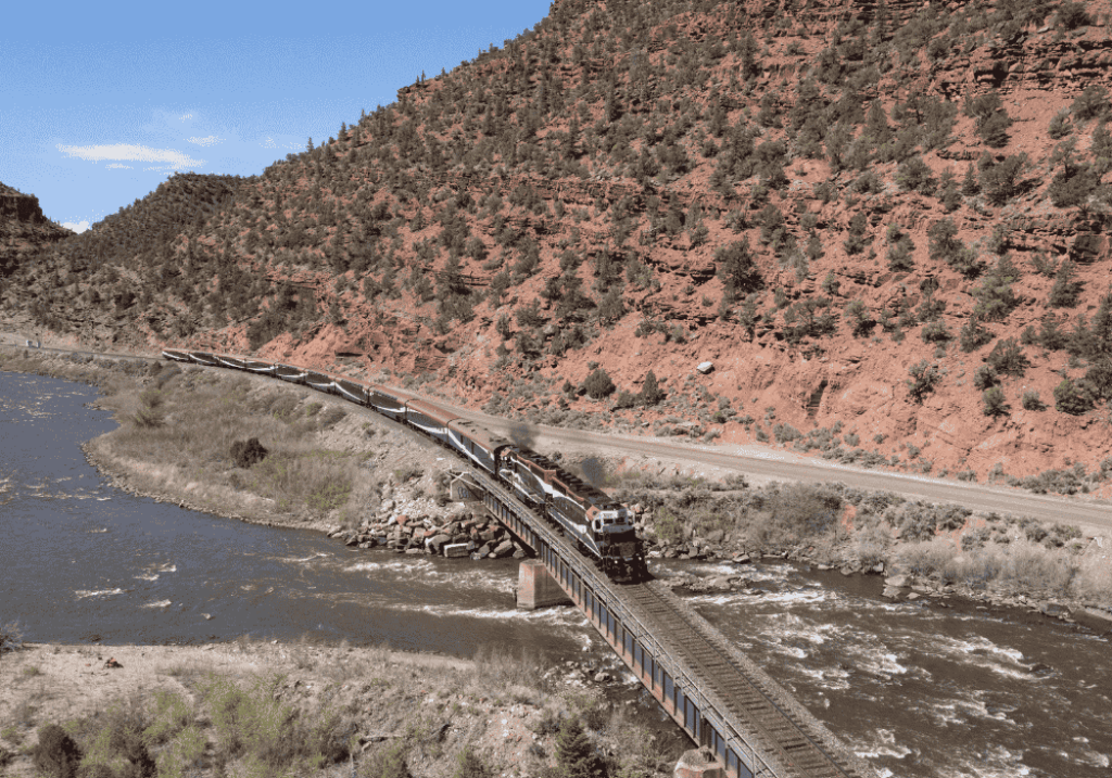 Train exterior, crossing bridge