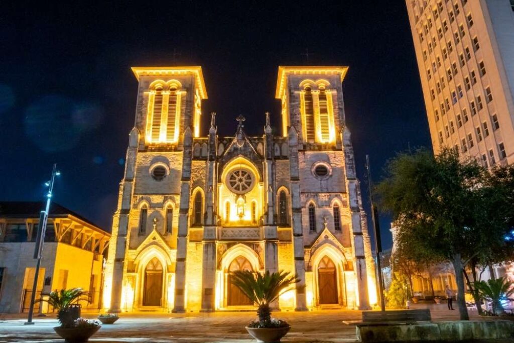The San Fernando Cathedral in Downtown San Antonio at Night