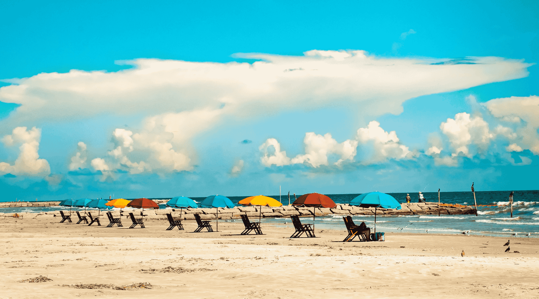 A row of colorful beach umbrellas and beach loungers on Galveston Island Texas.