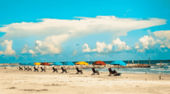 A row of colorful beach umbrellas and beach loungers on Galveston Island Texas.