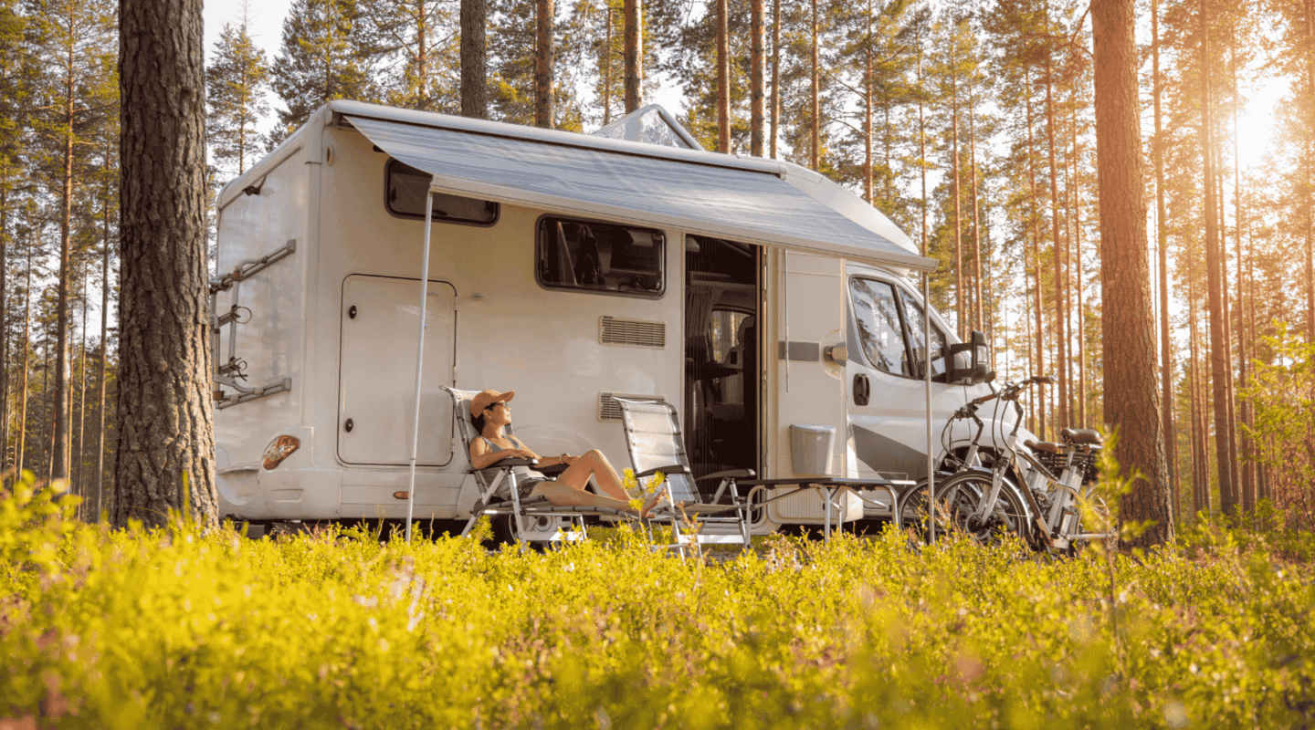 Motorhome parked in a scenic woods in North America