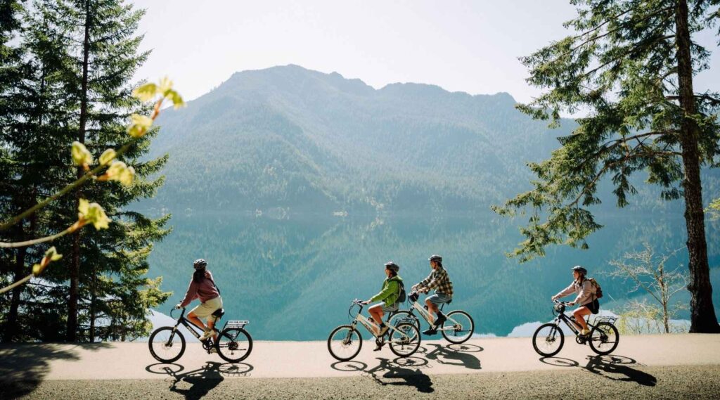 Cyclists on Spruce Railroad Trail, Lake Crescent, Olympic National Park
