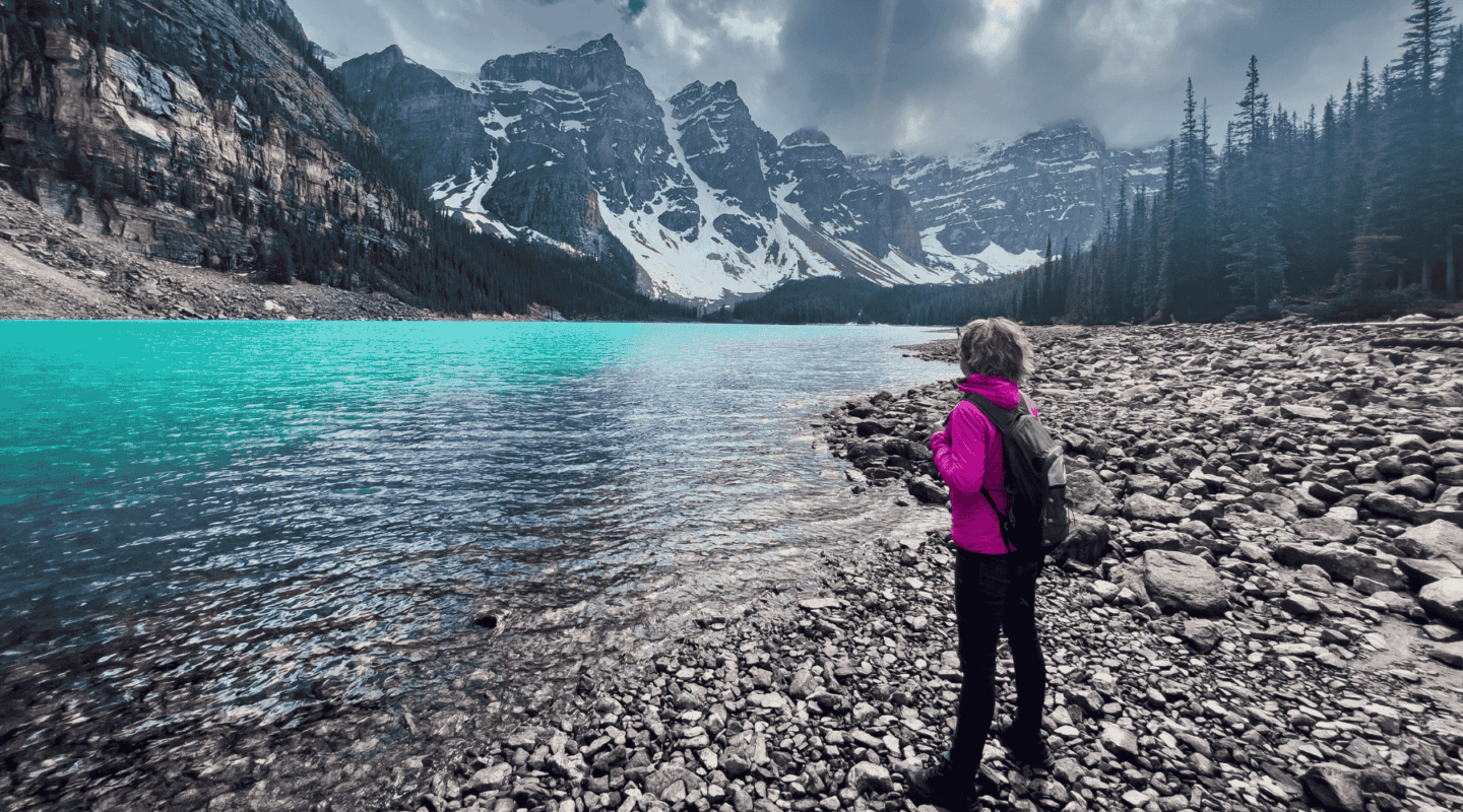 Young woman in Moraine lake, Banff National Park in Canada