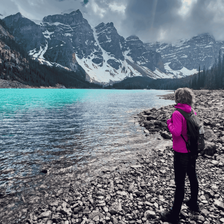 Young woman in Moraine lake, Banff National Park in Canada