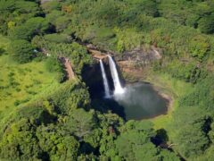 Picturesque double Wailua Falls near Lihue in Kauai, Hawaii, as seen from a helicopter
